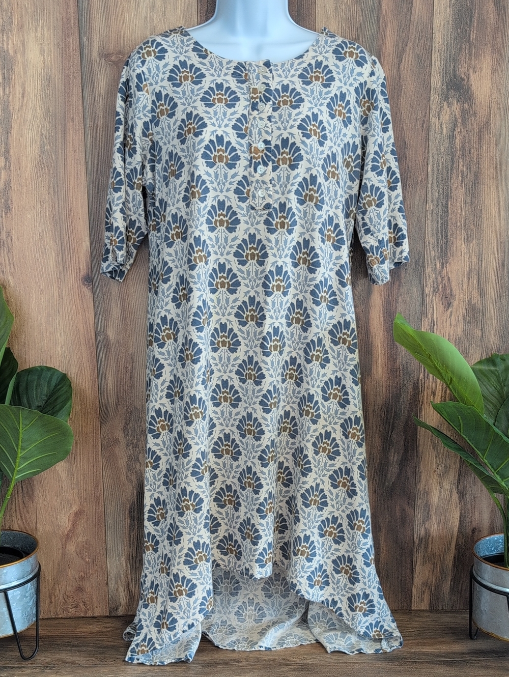 Utsa High-Low 1/2 Button Down 1/2 Sleeve Floral Midi Dress XXL 595A